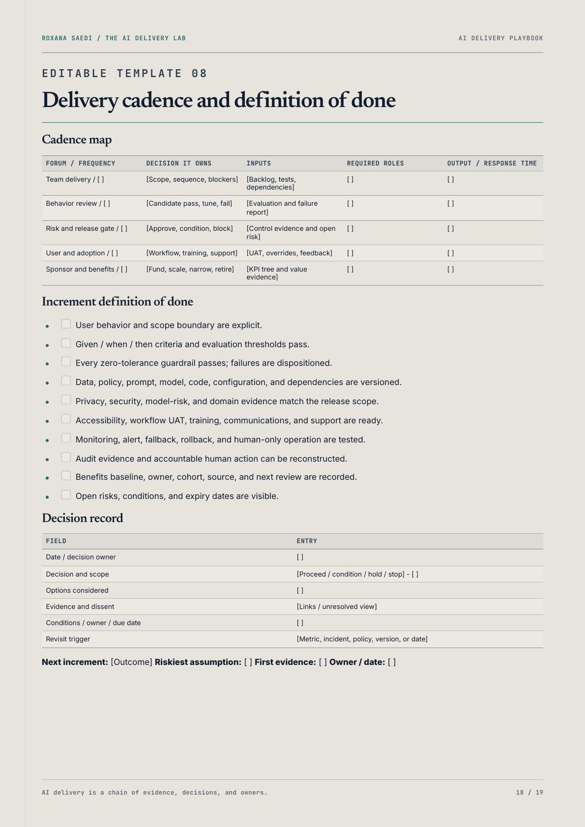 Rendered page from The AI Delivery Playbook showing the delivery cadence and definition-of-done template
